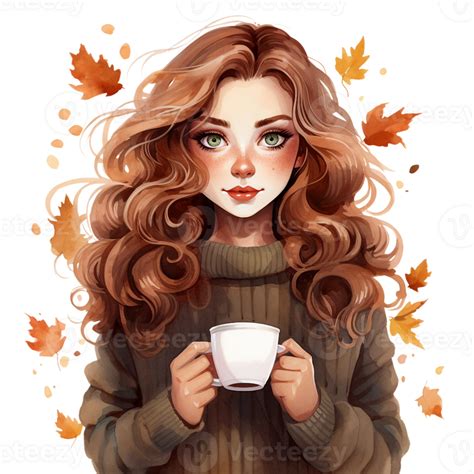 girl with cup of coffee wear sweater, cozy autumn and fall leaves, watercolor illustration ...