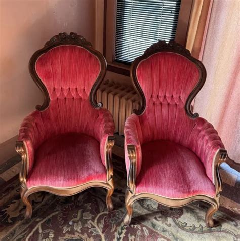 VINTAGE PAIR KIMBALL Reproduction Victorian Mahogany Dark Pink Velvet Arm Chairs $1,260.00 ...