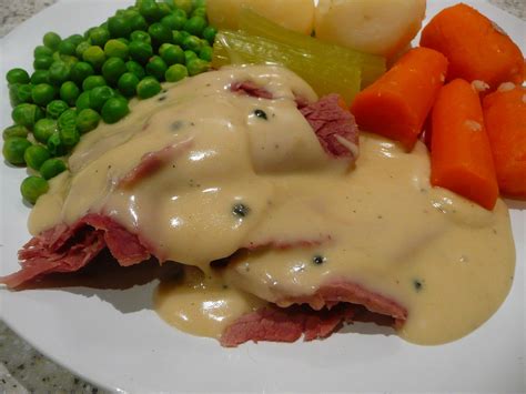 Corned silverside with white sauce and vegetables | Dinner 1… | The ...