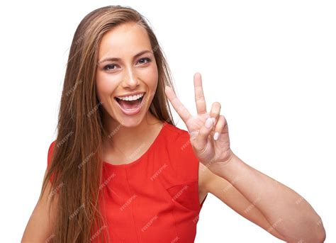 Premium Photo | Woman studio portrait and hand for peace sign emoji for ...