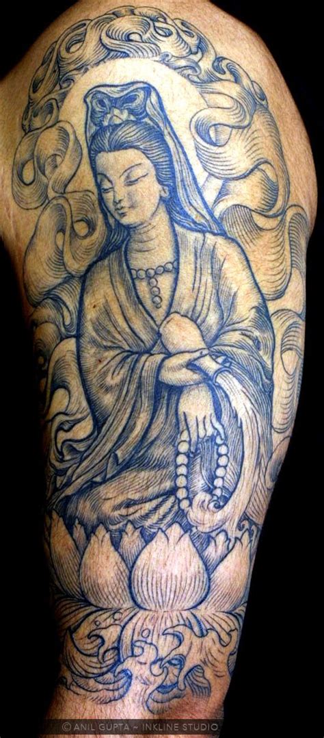 Guanyin spiritual tattoo inked by Anil Gupta. http://www.inklinestudio.com | Tattoos, Guanyin ...