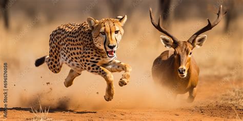 cheetah in mid-sprint, muscles tensed, chasing an antelope in the savanna Stock Photo | Adobe Stock