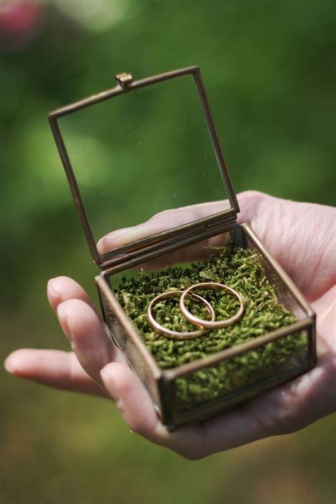 two gold wedding rings sitting in a small box filled with green moss, being held by someone's hand