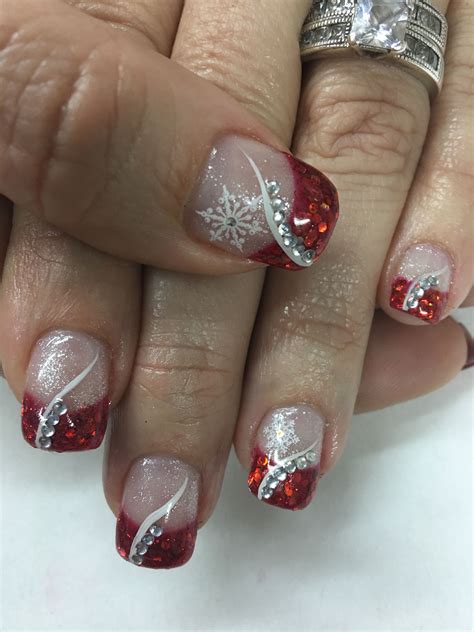 Red French Christmas Nails With Snowflake
