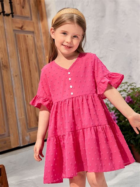 Hot Pink Cute Collar Half Sleeve Woven Fabric Plain Smock Embellished Non-Stretch Toddler Girls ...