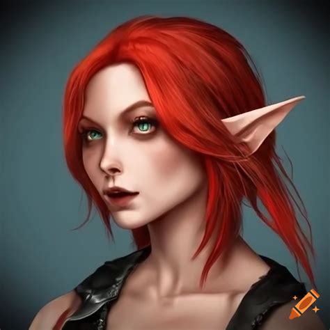 Female elf with crimson red hair in a black leather top on Craiyon
