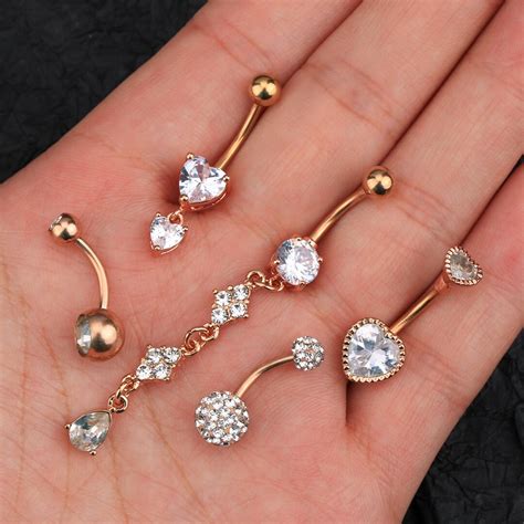 5PC 14G Rose Gold Dangle Belly Button Rings Set/belly Ring/cz - Etsy