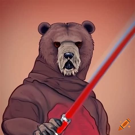 Bear with a red cape and lightsaber reminiscent of star wars sith lords on Craiyon