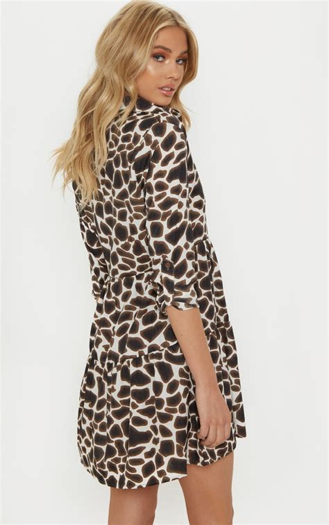 Brown Giraffe Print Tiered Shirt Dress | PrettyLittleThing CA