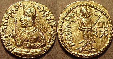 an ancient gold coin with two figures on it