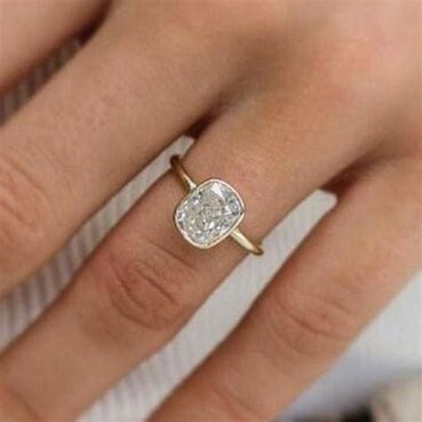 Elongated Cushion Cut Diamond Ring, Bezel Set Wedding Ring, Hidden Halo Engagement Ring, 14K ...