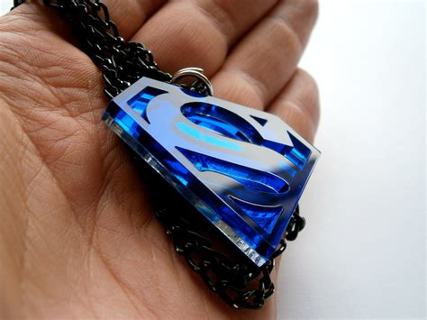 Superman Necklace - Blue Acrylic and Mirror plastic Superhero SALE