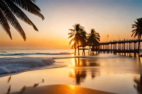 Premium Photo | A pier on the beach at sunset