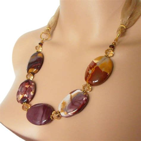 Chunky Gemstone Necklace Big Bead Jewelry Semi Precious Stone Necklace Burgundy and Gold Chunky ...