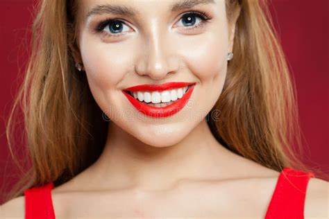 Young Beautiful Girl with Cute Smile Closeup. Smiling Woman with Red ...