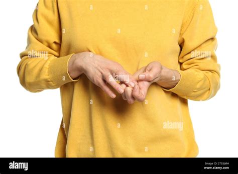 Woman cracking her knuckles on white background, closeup. Bad habit Stock Photo - Alamy