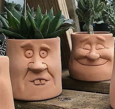 three clay pots with plants and faces on them