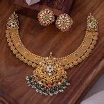 Antique Gold Necklace With Stud Earrings - South India Jewels