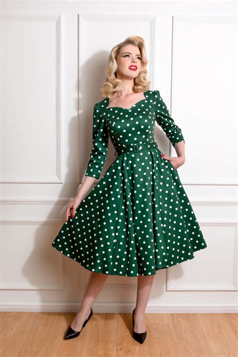 Kylie Green Polka Dot Swing Dress in Green - Hearts & Roses London