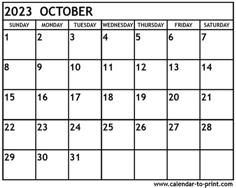 October 2023 Calendar Printable