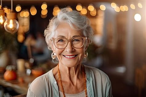 Premium AI Image | Happy old lady in glasses posing at home indoor ...