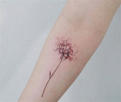 Red Spider Lily tattoo on the inner forearm.