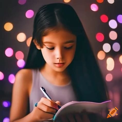 Girl writing a heartfelt letter surrounded by bokeh lights on Craiyon