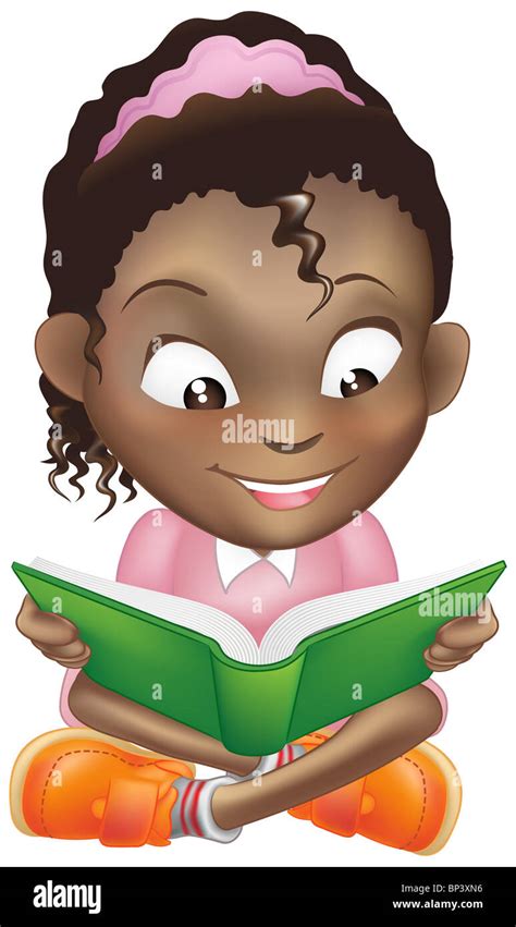 Illustration of a young sweet black girl child happily reading a book ...