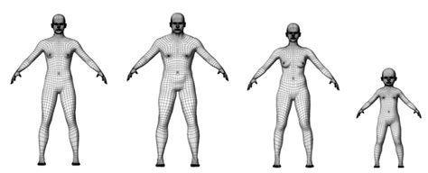 3D human (male, heavy male, female, child) models generated with the... | Download Scientific ...