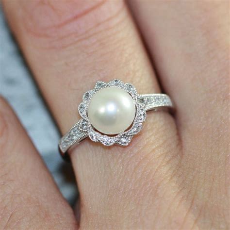 Vintage Inspired Floral Pearl Ring in 10k White Gold Pearl | Etsy | Pearl engagement ring ...