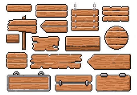 Premium Vector | Pixel art wooden signs Old road guidepost pointer 8 bit wood style banner and ...