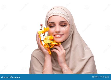 The Arabian Woman with Orchid Flower Isolated on White Stock Photo - Image of middle, hijab ...