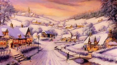 Winter village, winter, frost, art, path, cold, beautiful, houses, painting, snow, view, village ...