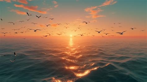 Premium AI Image | Birds Flying over the Ocean at Sunset