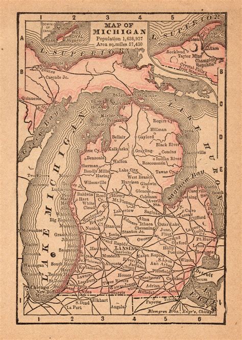 1888 Antique Miniature MICHIGAN Map Vintage Map of Michigan State Map ...