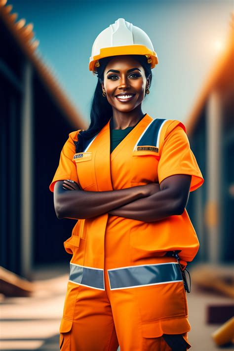 Lexica - A female arms crossed smiling in a construction worker costume