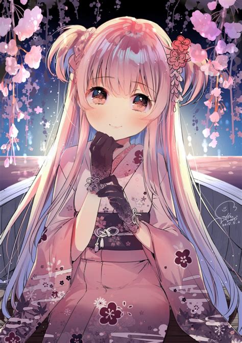 Wallpaper Anime Girl, Long Hair, Kimono, Moe, Cute, Gloves, Flowers