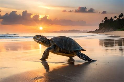 Premium Photo | A turtle on the beach at sunset