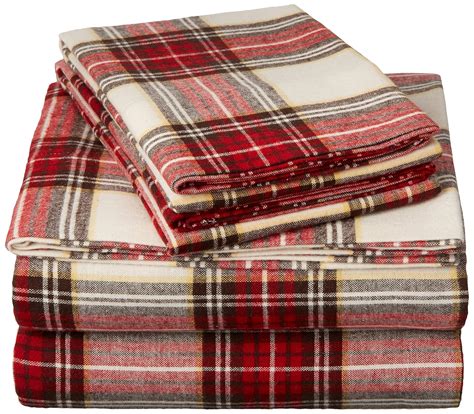 Amazon.com: Pinzon Plaid Flannel Bed Sheet Set - Full, Cream and Red Plaid: Home & Kitchen