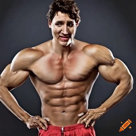 Satirical image of justin trudeau with big muscles and canadian flag on Craiyon
