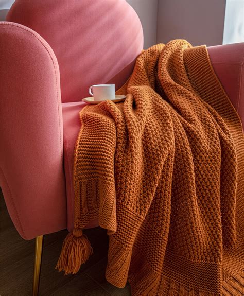 Orange Knitted Throw Blanket Tassel Pom Pom Blanket Pure Color | Etsy