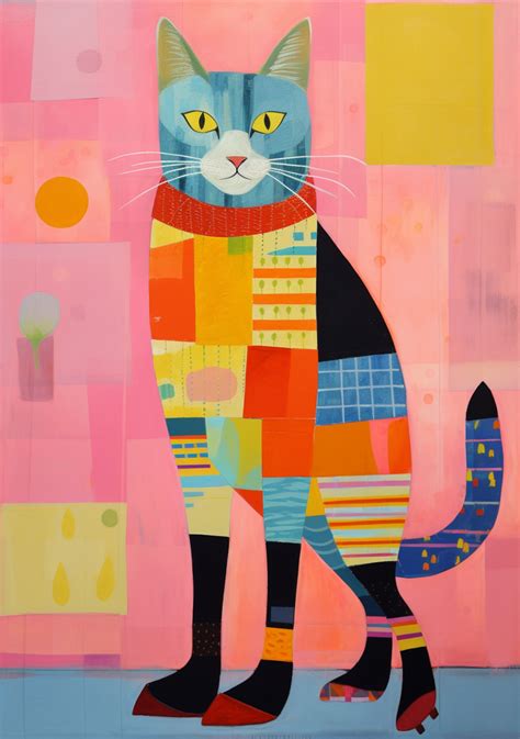 Whimsical Patchwork Cat Art Print Free Stock Photo - Public Domain Pictures