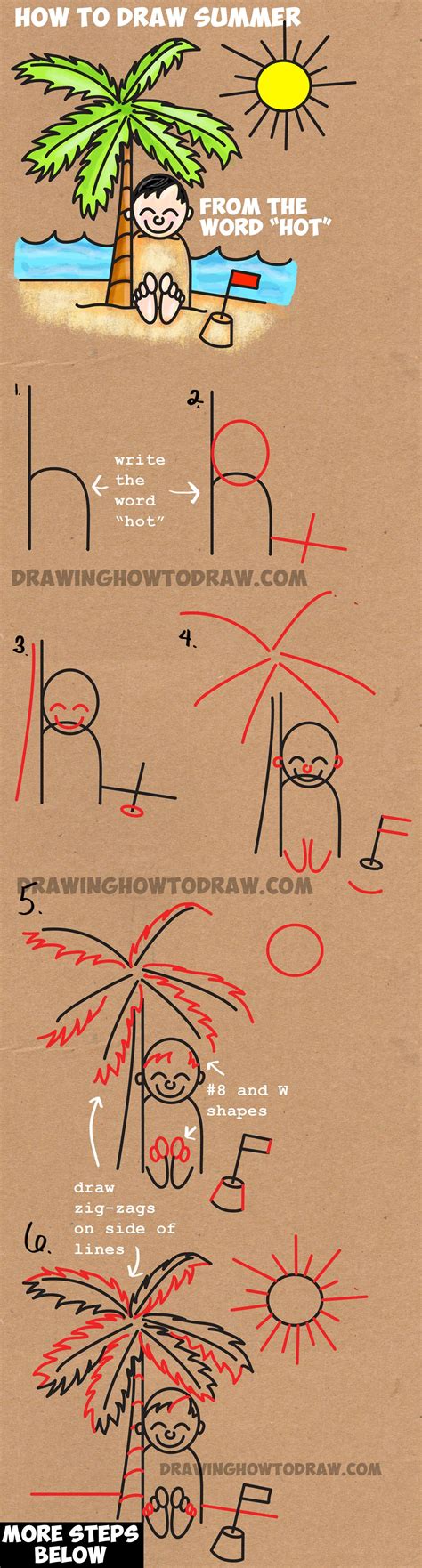 Learn How to Draw a Cartoon Boy Buried in Sand Summer Beach Scene - Simple Step by Step Word ...