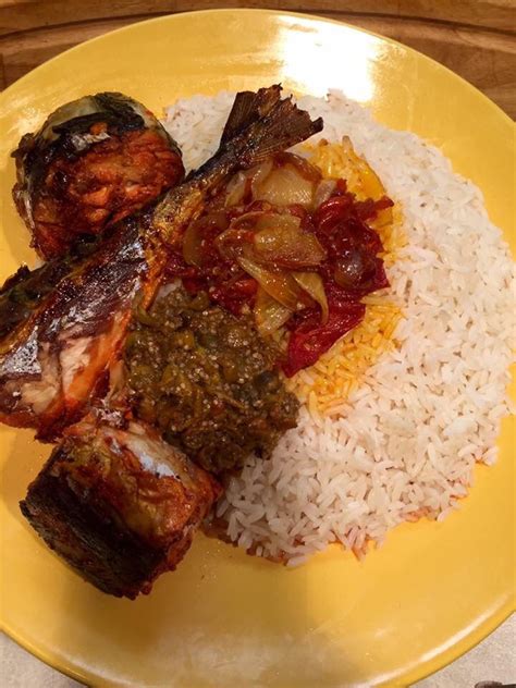 Liberian Meal : Fry Fish, Fry Onions, boiled Red Peppers, Red Oil and Cooked White Rice. We ...