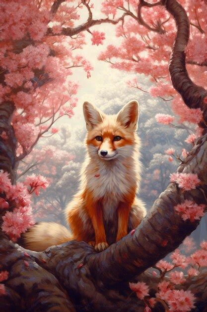 Premium AI Image | painting of a fox sitting in a tree with pink ...