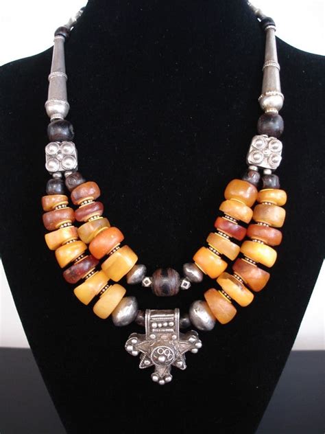 Stunning Antique Moroccan Fossil Amber, Black Coral & Silver Necklace | Moroccan jewelry ...