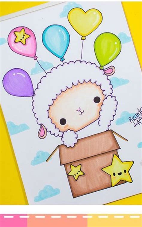 a card with an image of a sheep in a box surrounded by balloons and stars