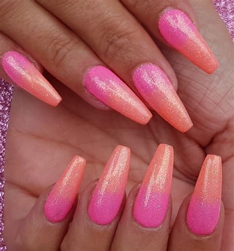 Pink and coral ombre with glitter on acrylic sculpted nails Coral Ombre Nails, Hot Pink Nails ...