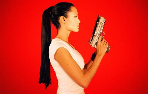 Wallpaper face, weapons, hair, guns, actress, Angelina Jolie, tail ...