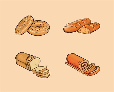 Premium Vector | Food includes bagels, baguette, bread, and breadrolls.